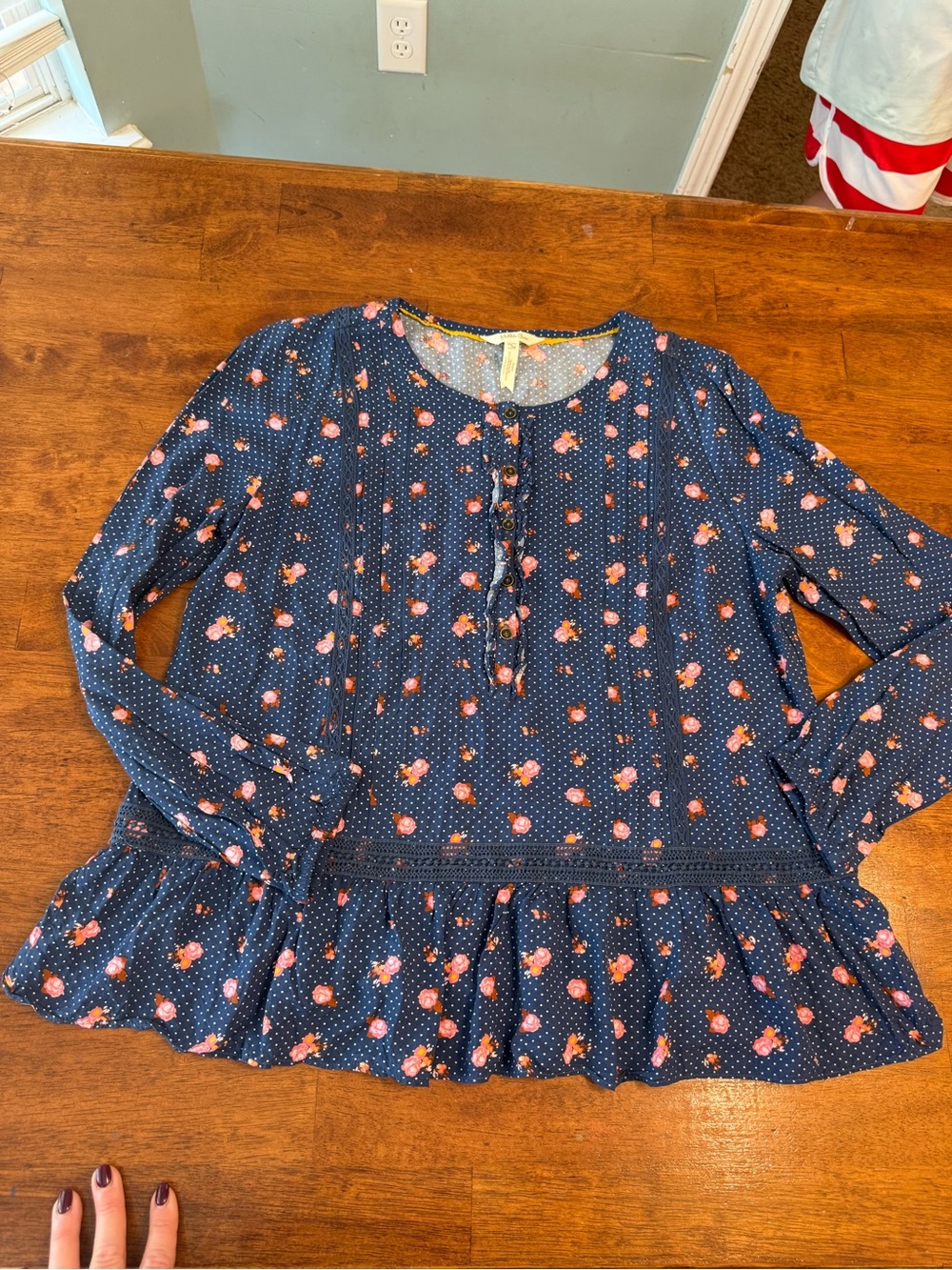 Matilda Jane Like A Lady Blouse Navy Blue Floral Polka Dot Ruffle Hem Large